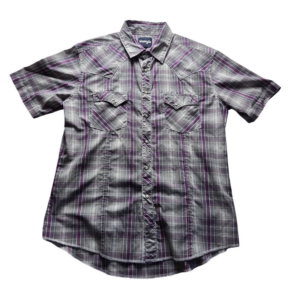 Wrangler Shirt Mens Large Gray Plaid Short Sleeve Western Pearl Snap Cotton